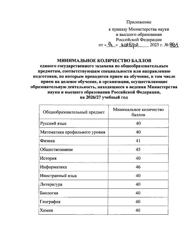 Минобрнауки утвердило минимальные баллы ЕГЭ для поступления в вузы